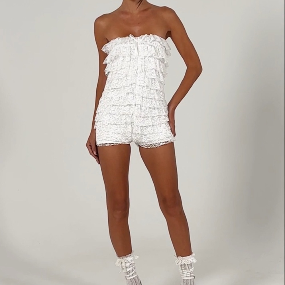 White Ruffled Strapless Romper - Picture 2 of 6